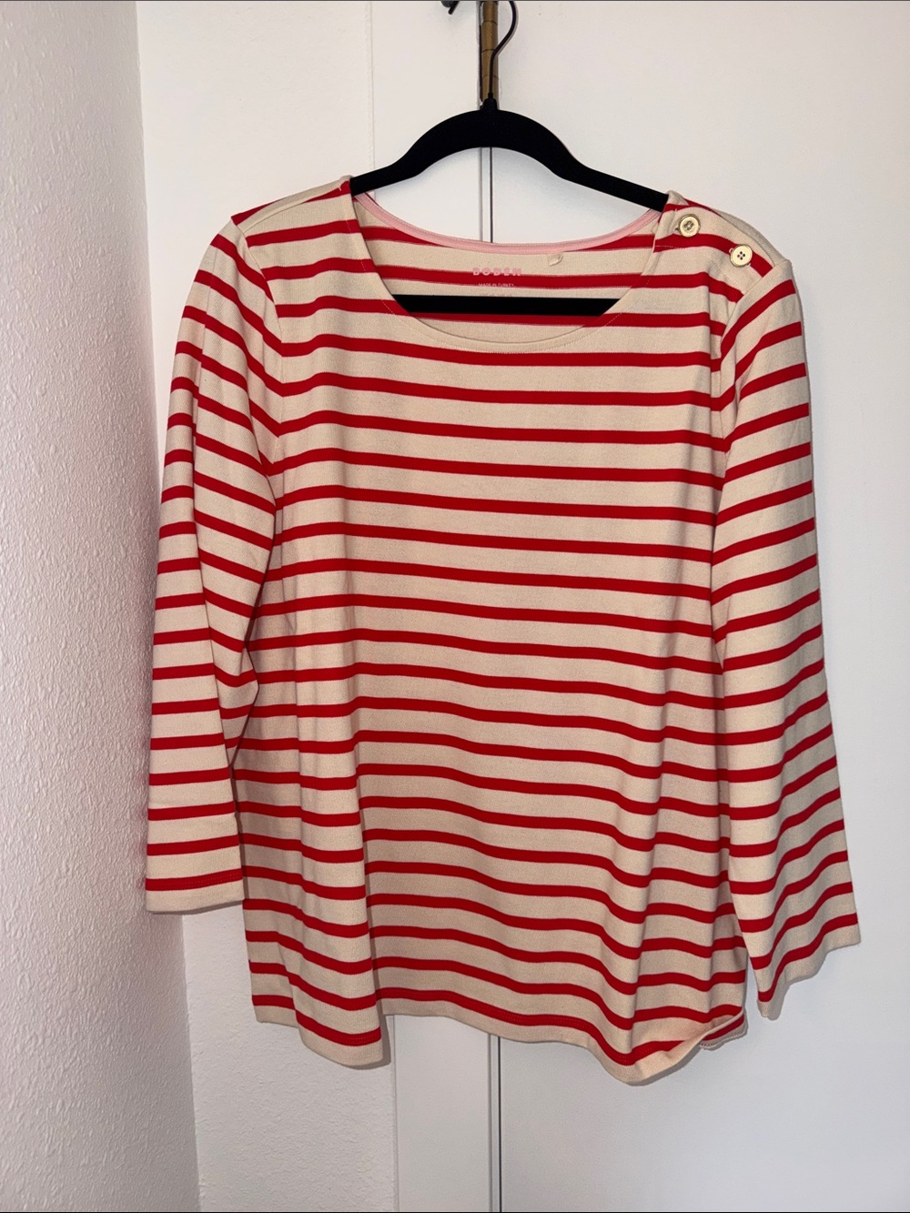 Boden Red and Cream Striped Long-Sleeve Top with Shoulder Buttons